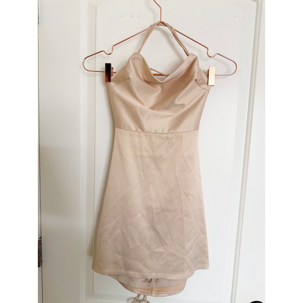 Lucy In The Sky Dress Womens Small Champagne Satin Cowl Neck Open Back Mini